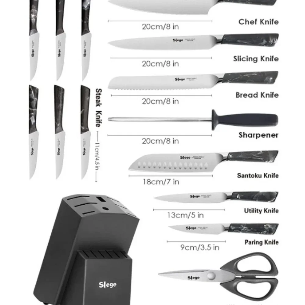15 pc CHEF + STEAK KNIVES + SHEARS - BLOCK SET (Grey Marbling)